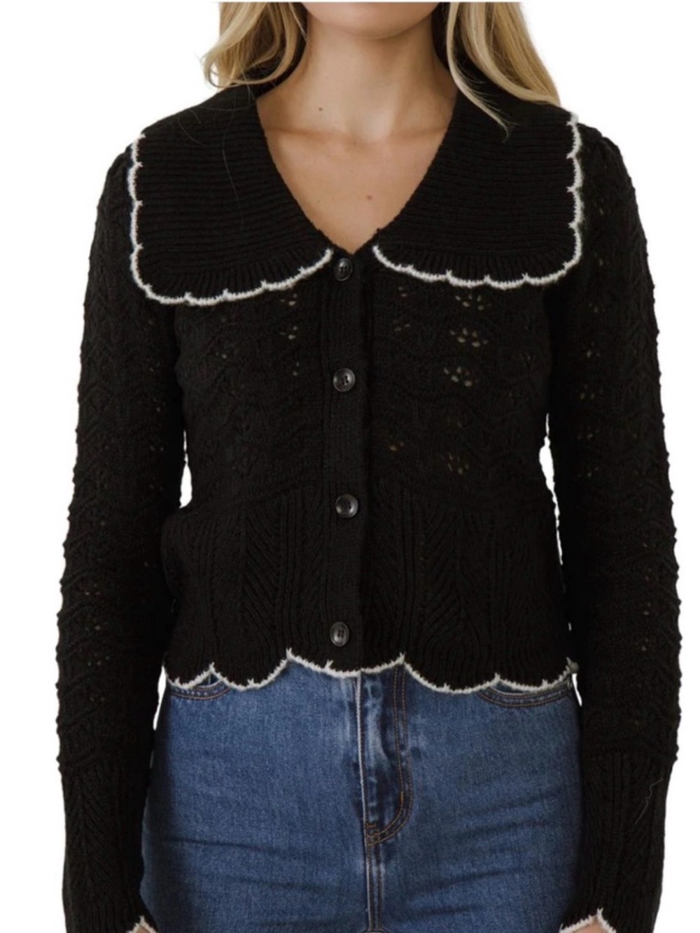 Endless Rose Scallop Trim Oversized Collar Knit Cardigan
